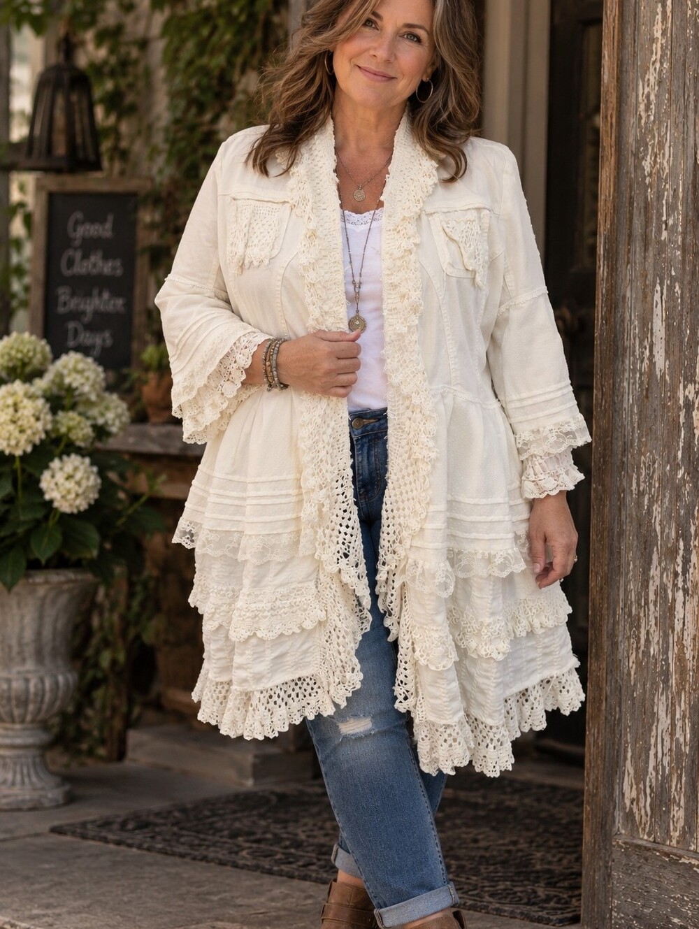 Boho Layered Lace Ruffle Duster Jacket - Upcycled - Picture 11 of 11